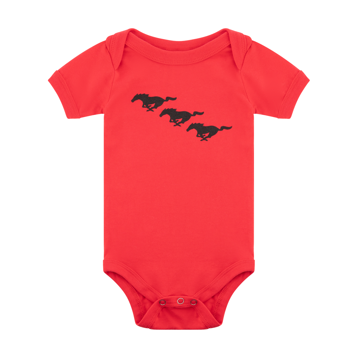 Red baby onesie with black Ford Mustang horse design on a white background